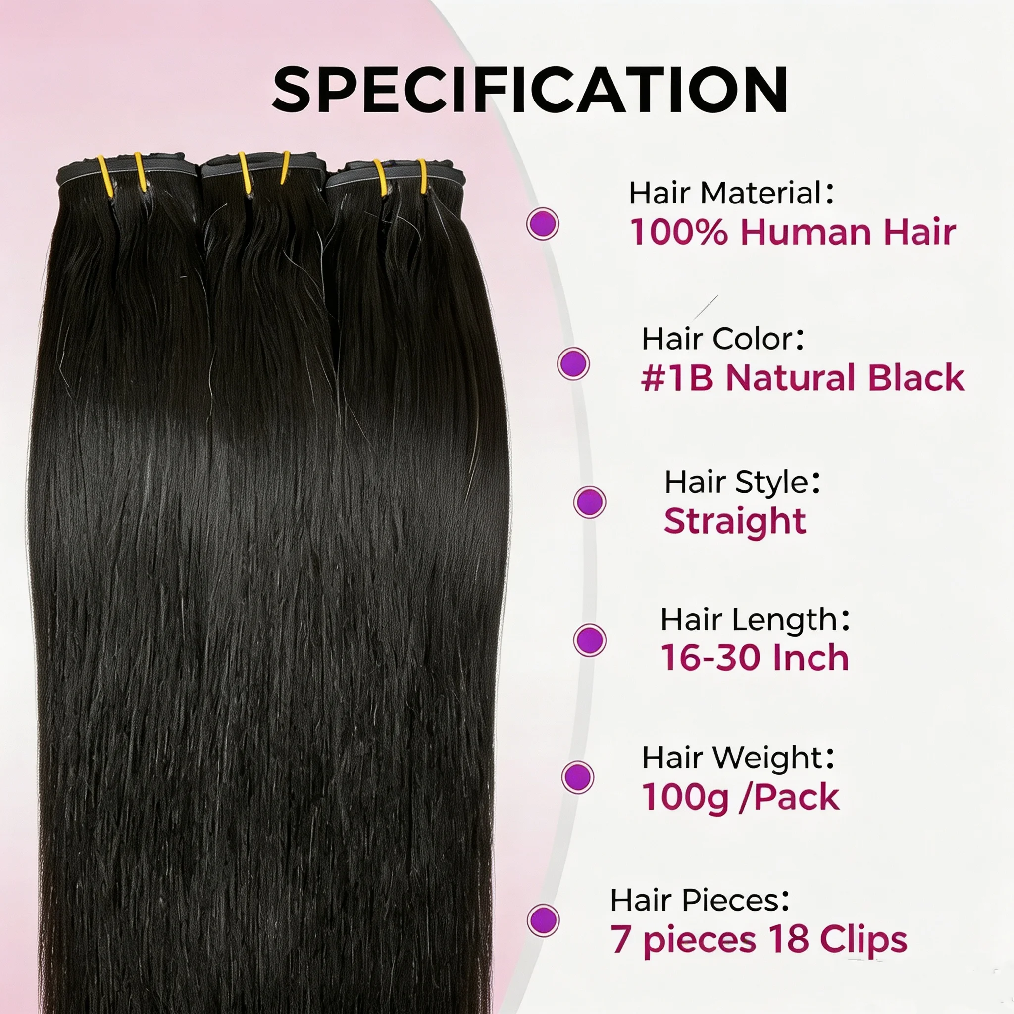 18A Raw Unprocessed 120g Human Hair Extensions Long PU Weft Invisible Straight Hair 7Pcs/Set Seamless Clips in #1B Natural Colo - Image 6